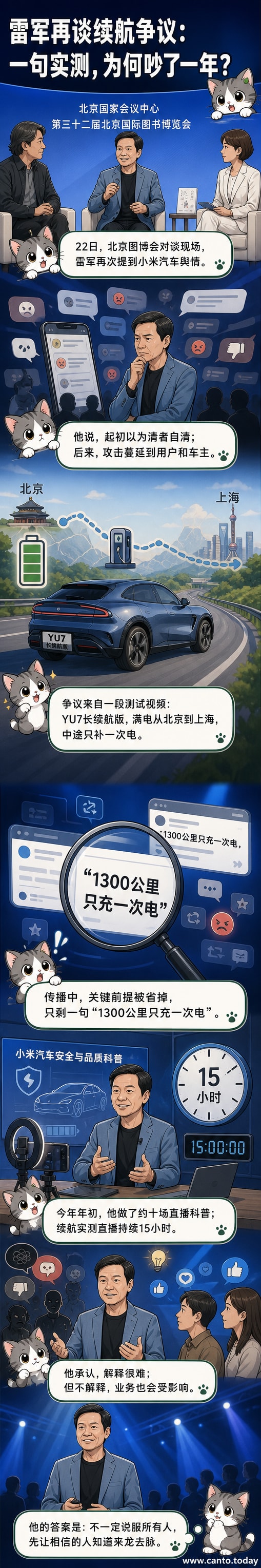 雷军站在舞台中央，手持话筒，神情认真地回应关于小米汽车续航的争议言论。