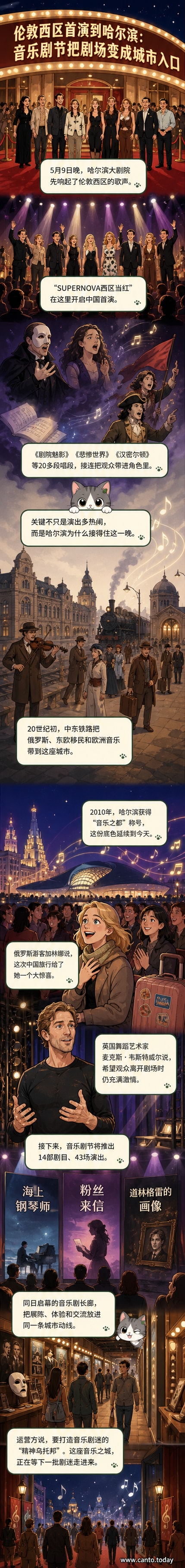 哈尔滨大剧院外景,舞台灯光亮起,音乐剧节海报展示《剧院魅影》《悲惨世界》等经典剧目