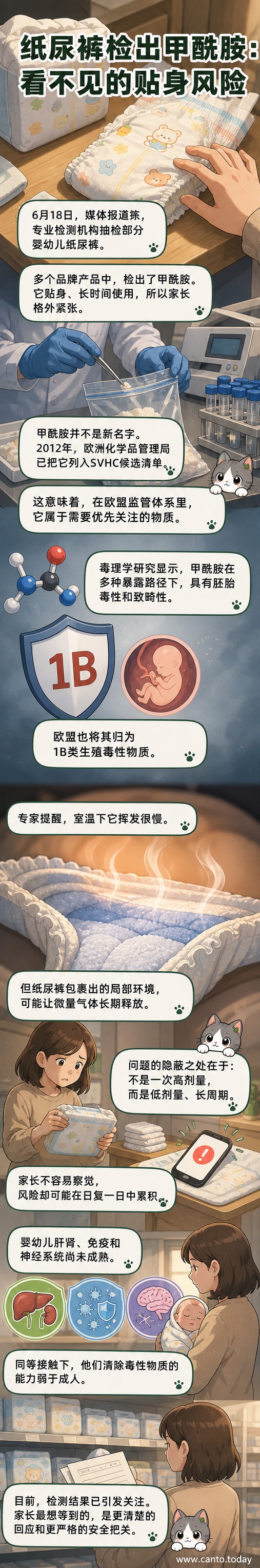 一幅卡通图展示婴儿纸尿裤释放出微小的化学分子，背景为实验室检测场景，突出安全警示