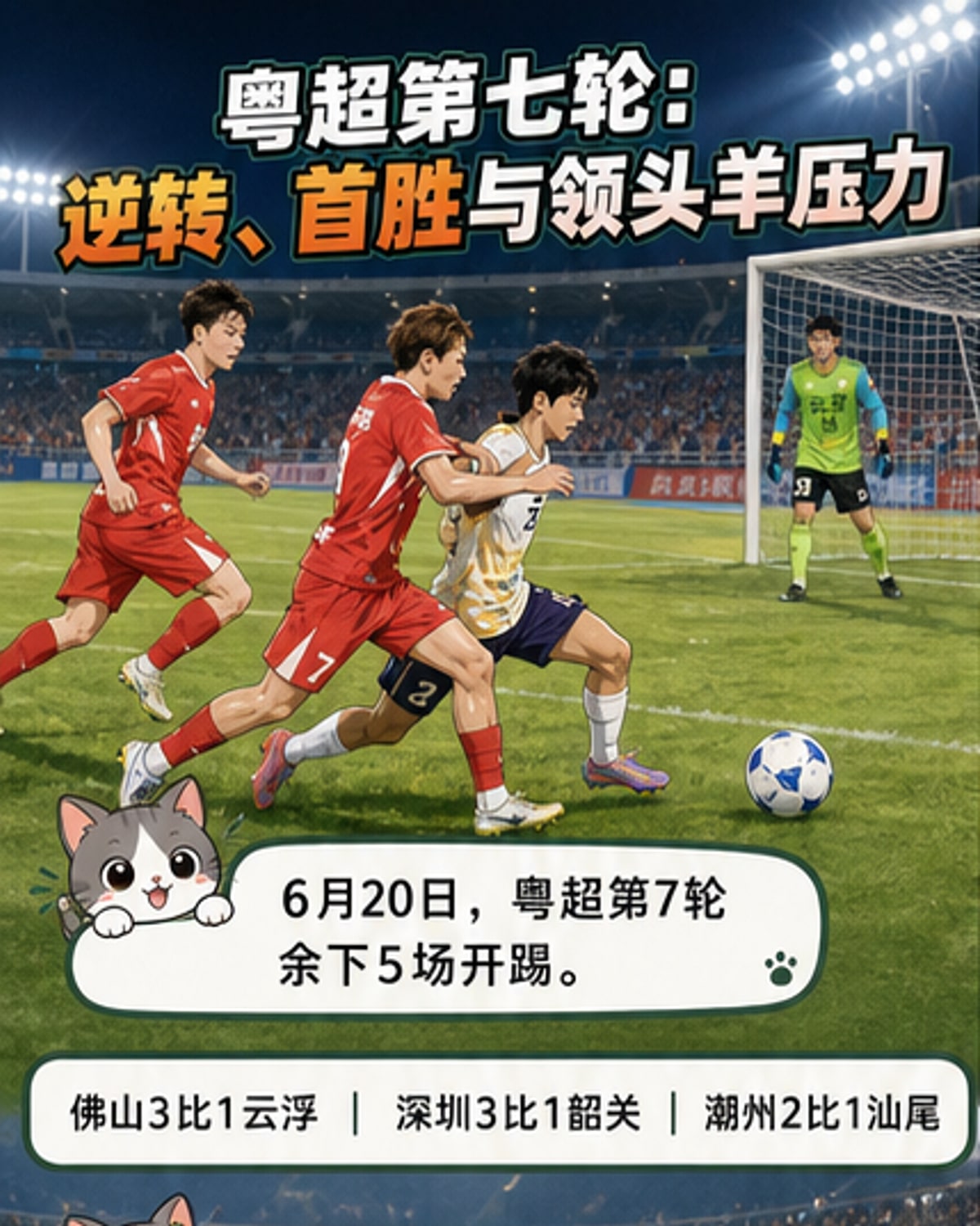 粤超联赛第七轮比赛现场，球员在绿茵场上激烈拼抢，看台上有少量观众观赛。