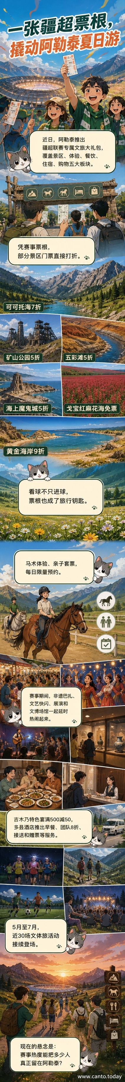 球迷在贾登峪打卡留念,背景是阿勒泰的自然风光,文旅大礼包宣传展板立于一旁