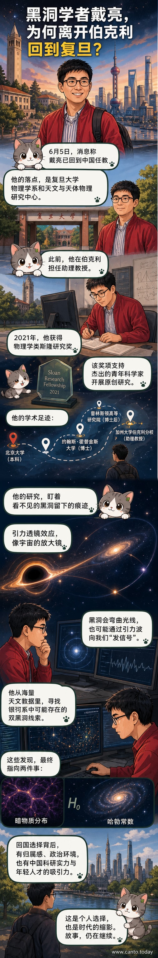 一位戴着眼镜的亚裔科学家站在星空与数据流背景前，手持代表引力透镜效应的环形光晕模型，象征其在黑洞与宇宙学领域的研究