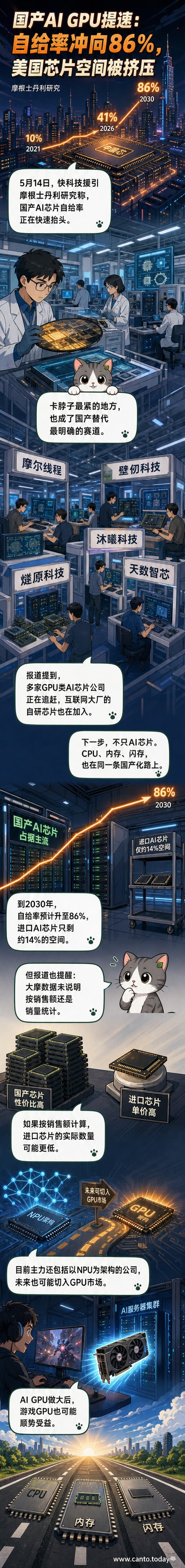 一幅未来风格的中国芯片工厂场景,工人们正在检测发光的国产GPU芯片,背景是‘2030’的数字投影,象征国产替代目标。
