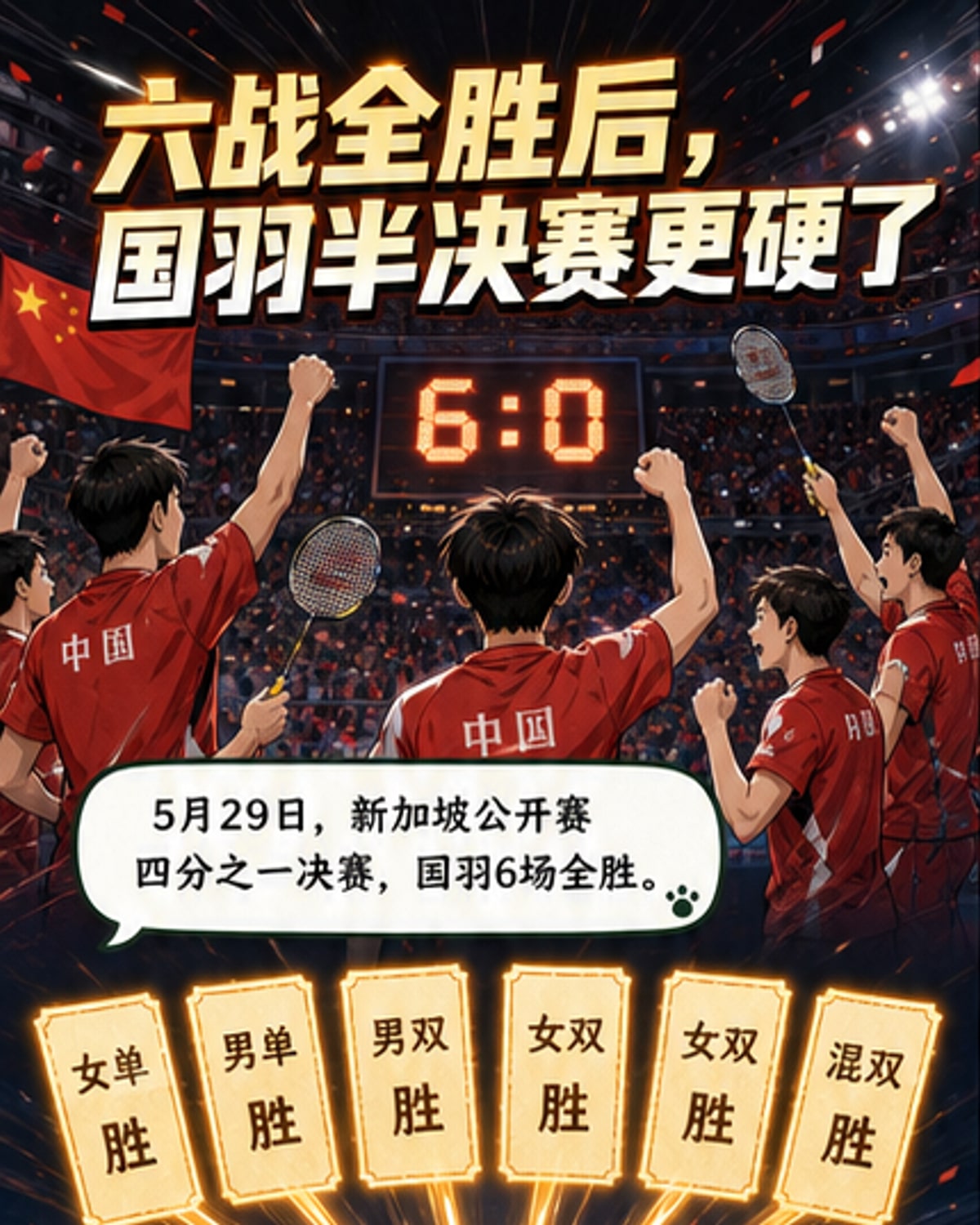 国羽六战全胜挺进四强