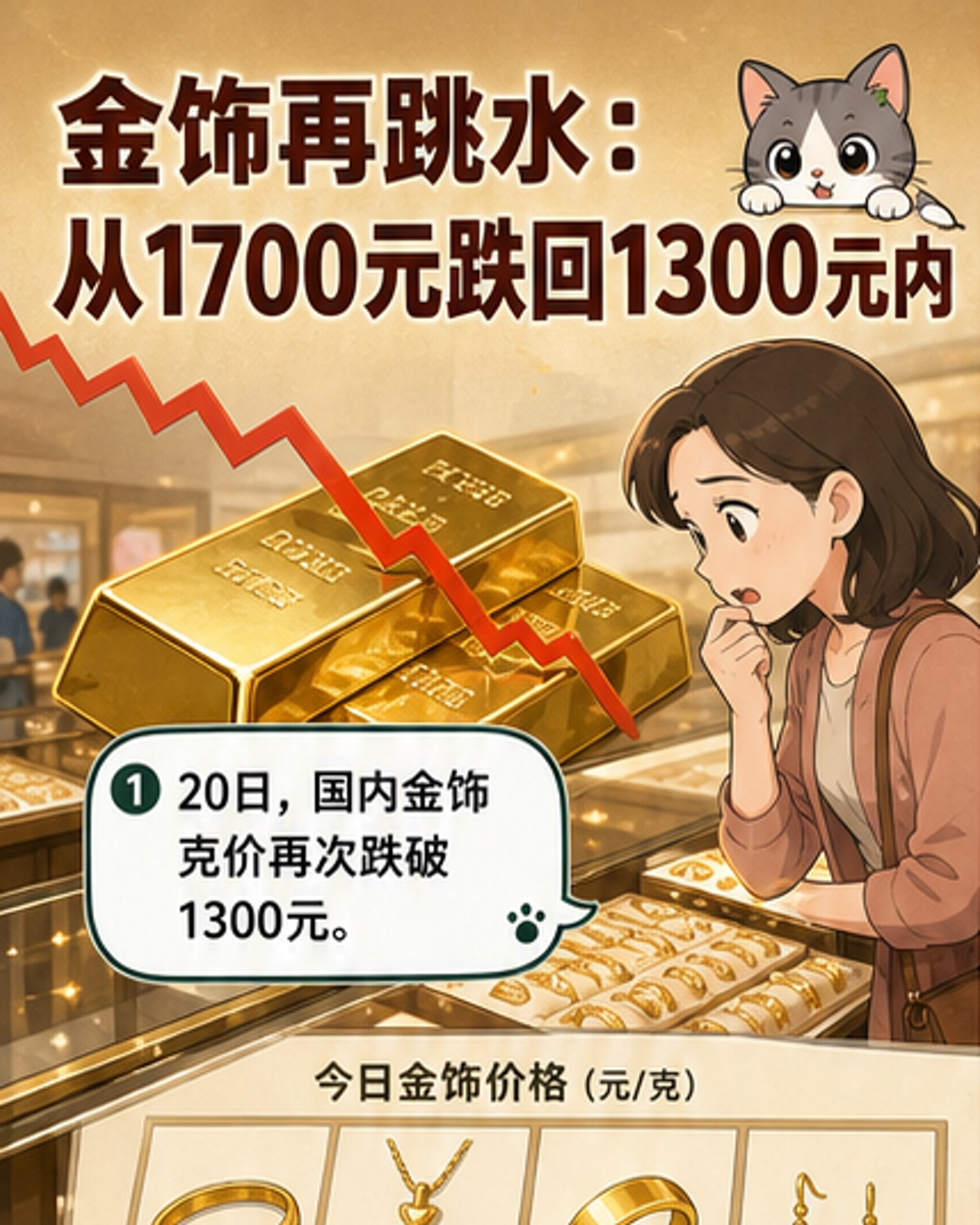 一幅显示金饰价格下跌趋势的图表,背景为黄金饰品和下跌箭头