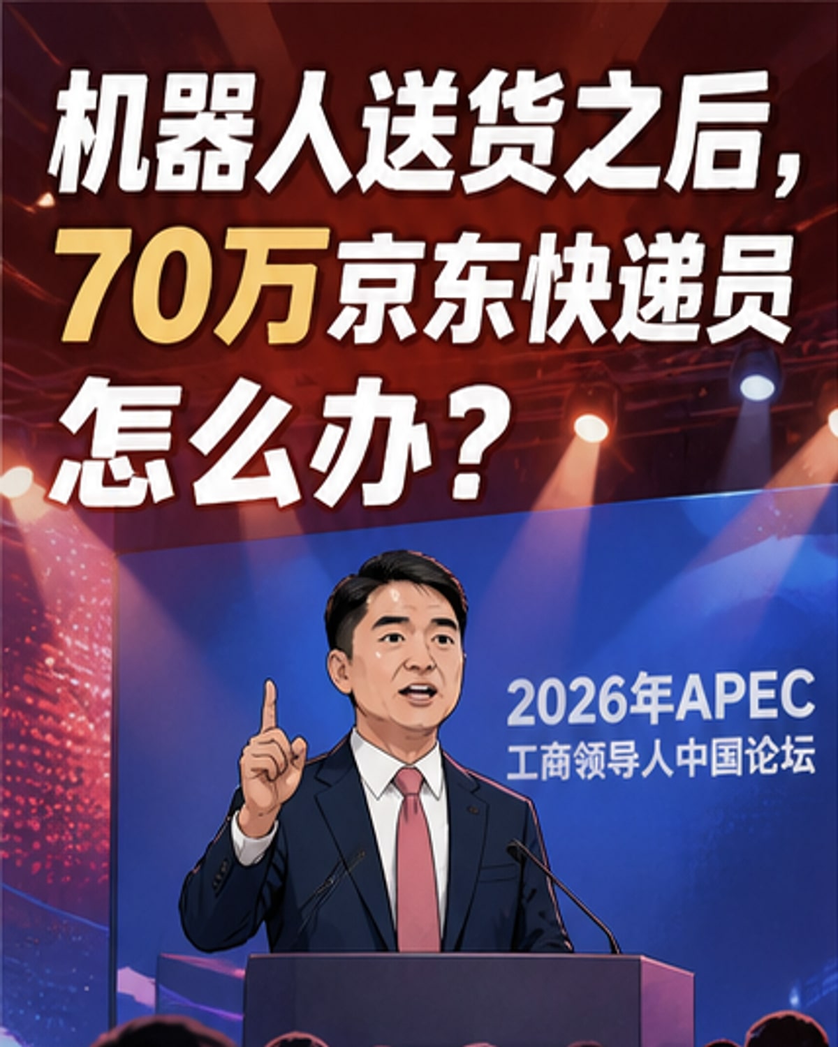 一位快递员站在机器人旁,手中拿着工具,背景是京东物流中心,象征从人工配送向技术维护的转型。