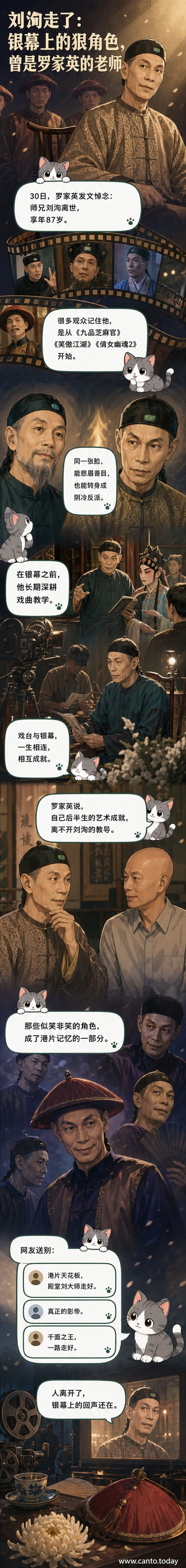 黑白照片中的刘洵身穿戏服，神情冷峻，背景为经典电影剧照拼贴