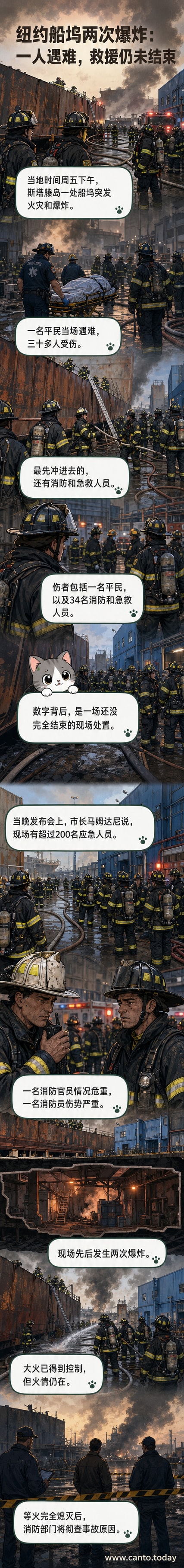 纽约斯塔滕岛船坞火灾现场浓烟滚滚,消防人员正在紧急扑救,远处可见受损的金属结构建筑。
