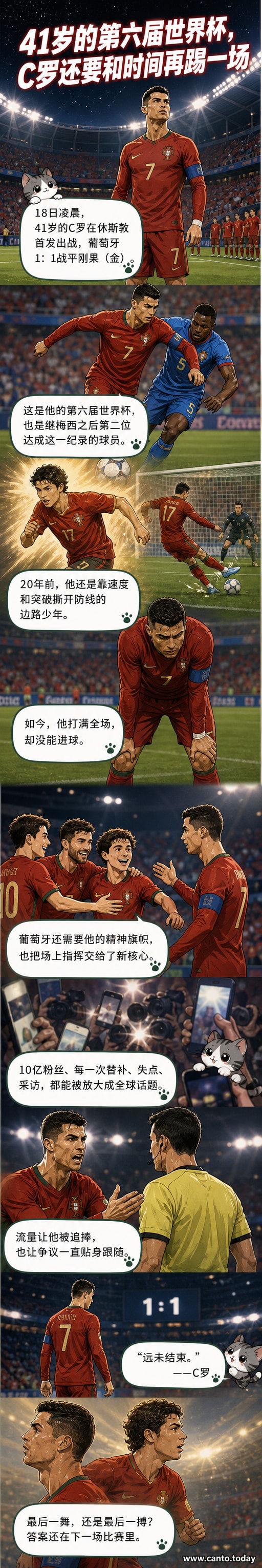 41岁的C罗身穿葡萄牙队服，在休斯顿世界杯赛场与对手争抢，神情专注。
