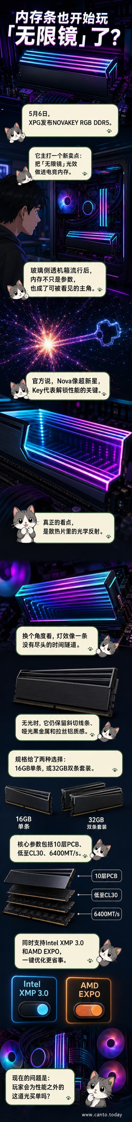 XPG NOVAKEY RGB DDR5内存模组,带有RGB灯效和未来感几何设计的散热片