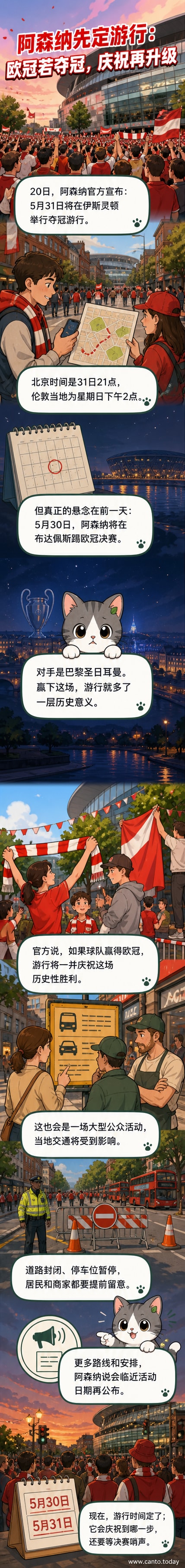 阿森纳球员高举英超奖杯，球迷在伦敦街头挥舞旗帜准备游行庆祝，背景为俱乐部主场酋长球场