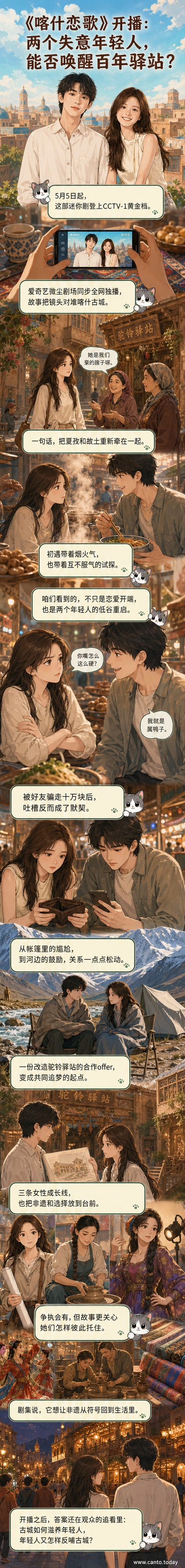 李兰迪与郭俊辰在喀什古城的驼铃驿站前对视微笑，背景是充满民族风情的建筑与飘扬的艾德莱斯绸布，画面温暖明亮。