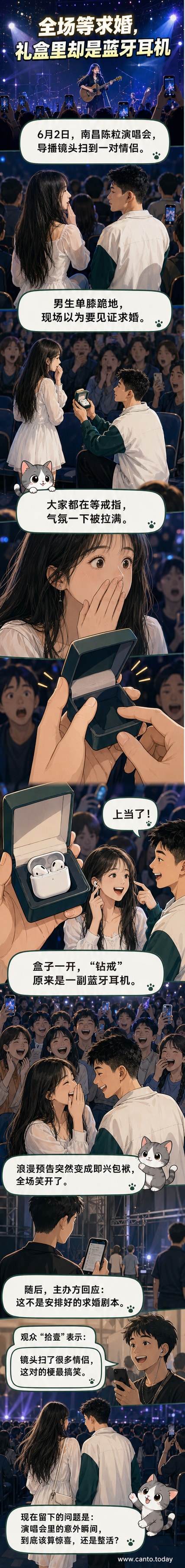 演唱会现场，一对情侣在人群中互动，男生手持打开的礼盒，女生笑着举起蓝牙耳机，周围观众鼓掌大笑。