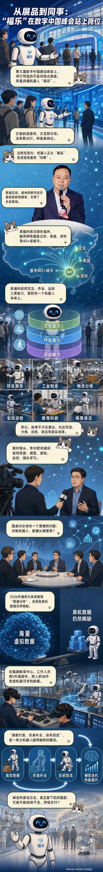 数字中国建设峰会现场，白色人形机器人‘福乐’正在为参会者提供导览服务，背景是具福科技的展台标识