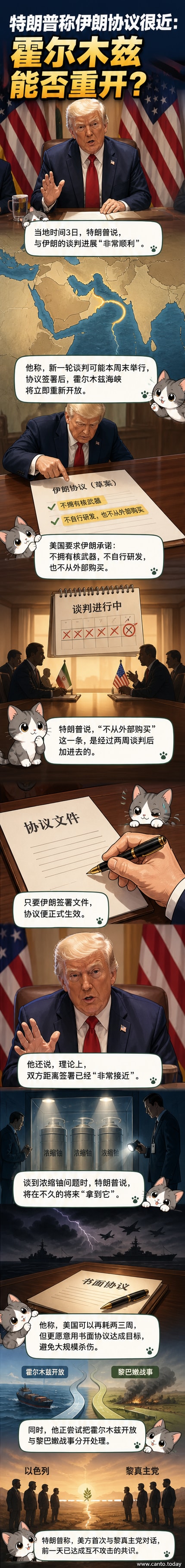 特朗普在白宫发言,背景显示伊朗地图与核设施示意图,文字标注‘美伊谈判接近协议’