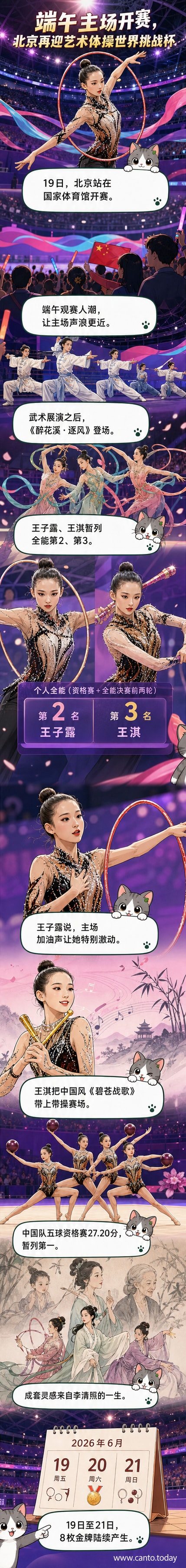 国家体育馆内,中国艺术体操队正在进行集体五球表演,动作流畅,服饰具有中国古典风格。