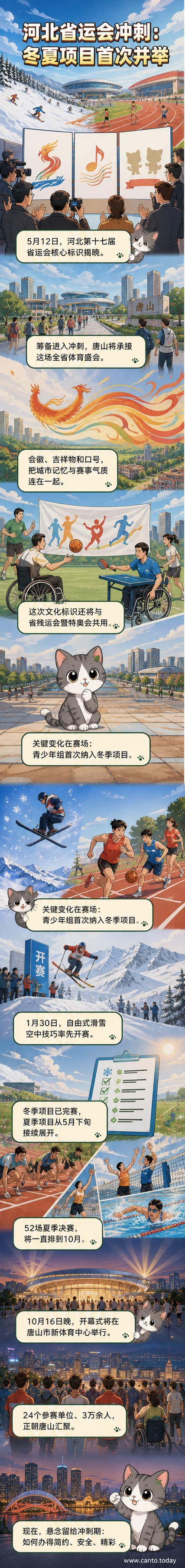 河北省第十七届运动会会徽‘凤引新程’与吉祥物‘凤娃·凰宝’并列展示，背景为唐山市新体育中心夜景，象征体育盛会与城市发展的融合。