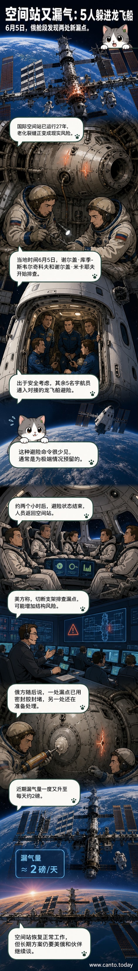 国际空间站外景图,标注出俄罗斯舱段的漏气位置,宇航员在舱内准备避险