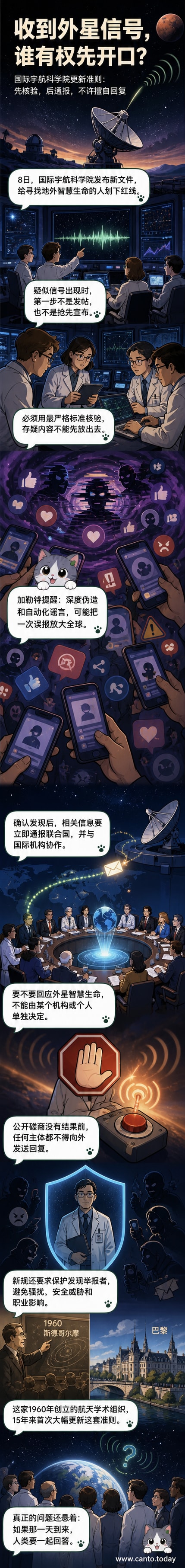 地球与外太空之间有一条加密信号链，联合国标志在中间，表示信息必须经由全球协商才能回应