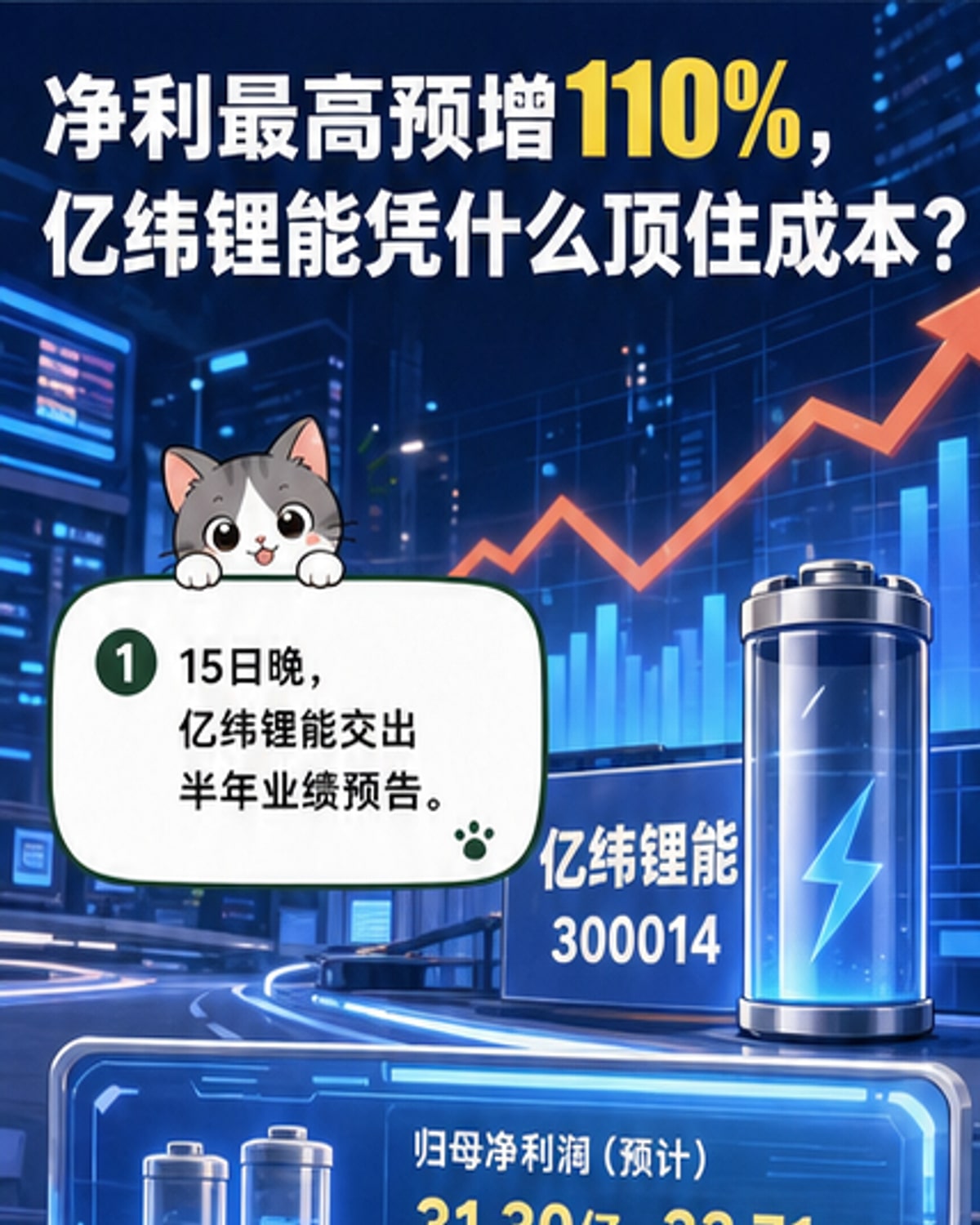 亿纬锂能电池产品阵列与业绩增长图表，背景为储能电站与机器人应用场景