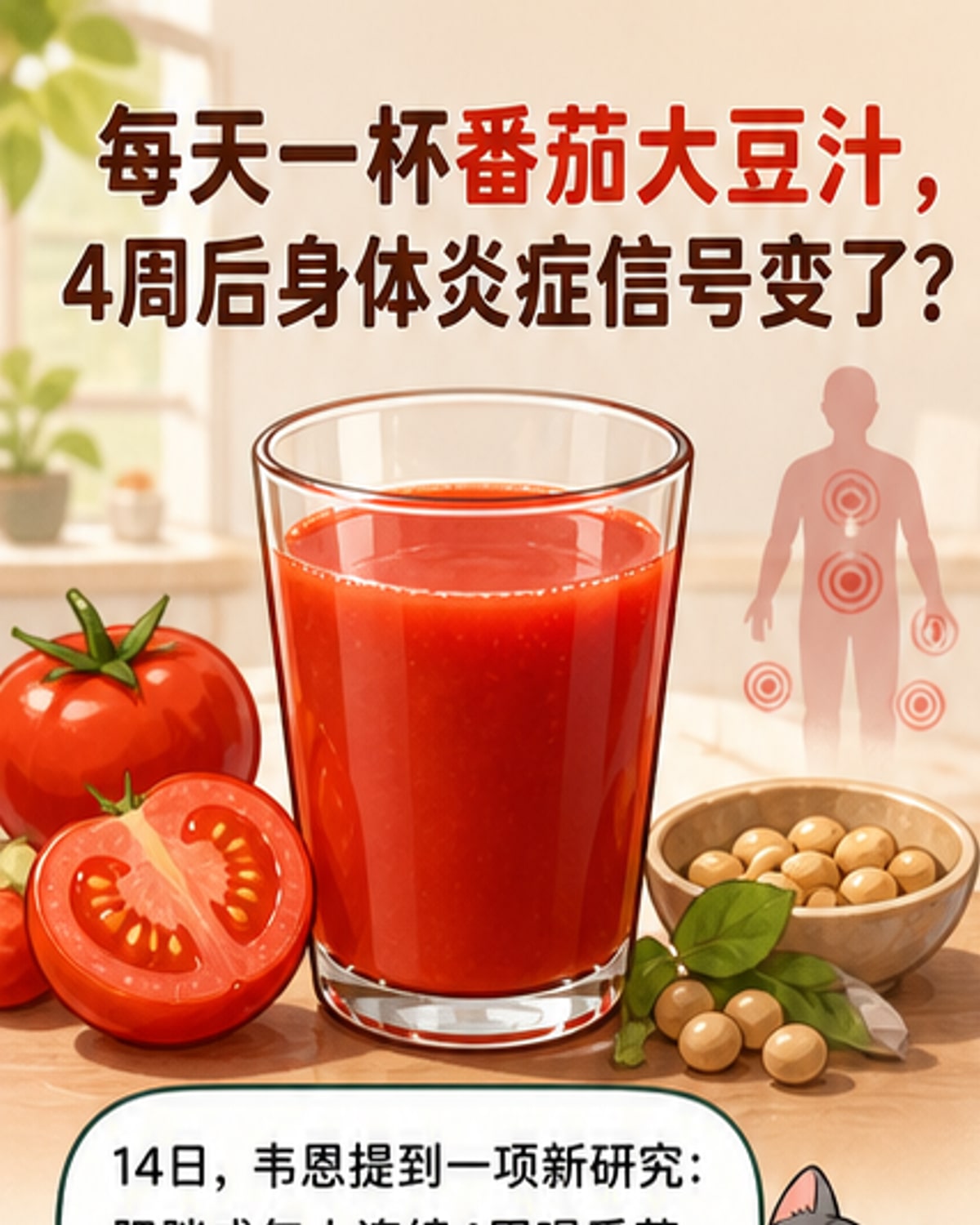 一杯红色果汁旁放着番茄和大豆,背景为实验室试管和血液检测图示,象征抗炎研究