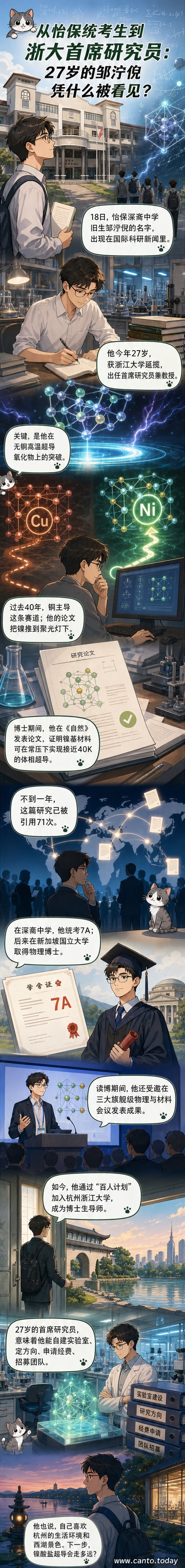年轻物理学家邹泞倪站在实验室中,背景是浙江大学标志与超导材料结构图示