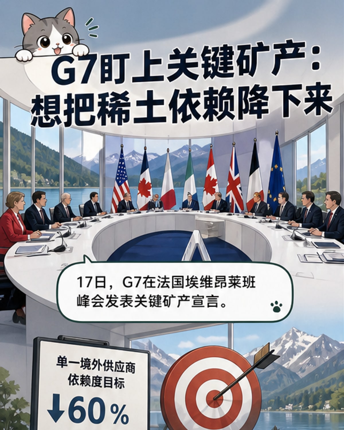 七国集团领导人站在台上共同展示《关键矿产供应链宣言》，背景是地球与矿产元素的视觉符号