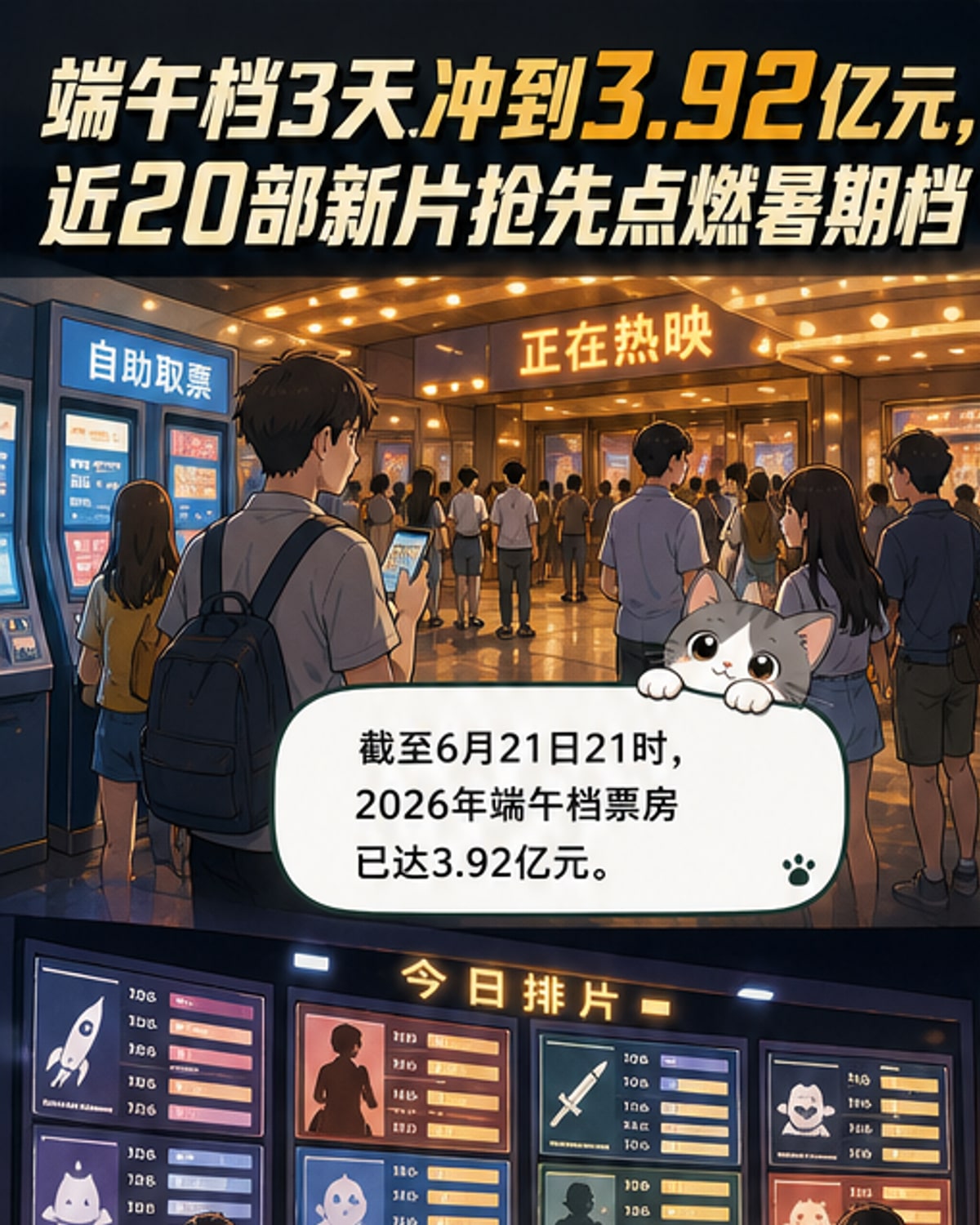 电影院门口排起长队，海报墙上贴着《我看见两朵一样的云》《玩具总动员5》等多部新片宣传画